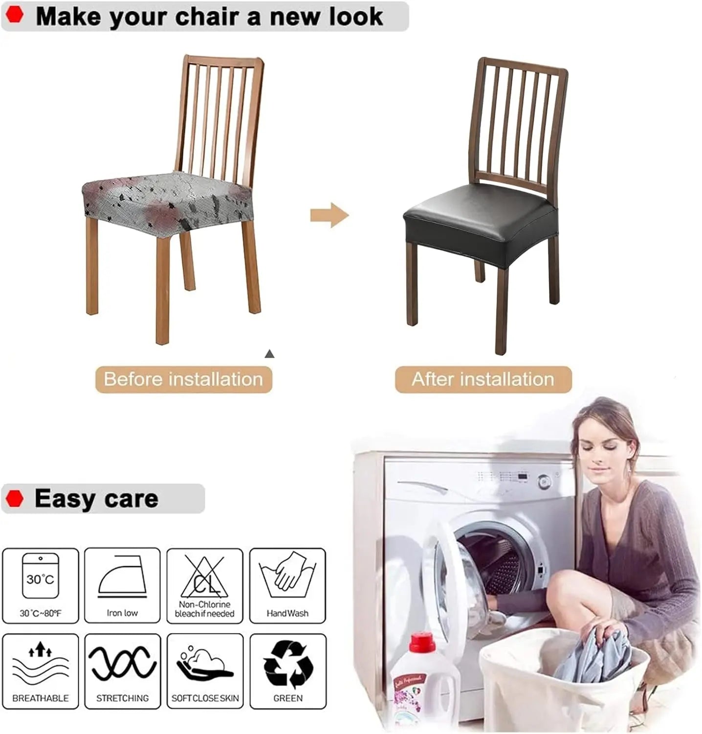 Waterproof Seat Covers for Dining Room Chairs Set of , Pu Leather Chair Seat Slipcovers Dining Chair Cover Removable Washable Chair Protctor Cover, Rear Covers
