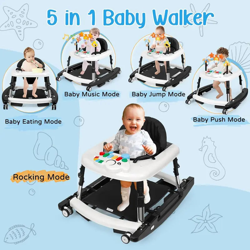 🎄Christmas Special Offer: Unisex Plastic 5-in-1 Activity Walker for 6-18 Months Infants - Safety Tested, Foldable, 3 Adjustable Heights, Bouncer + Rocker, Triangular Base, Music, Feeding Tray, Removable Footrest, Portable, Breathable Baby Items
