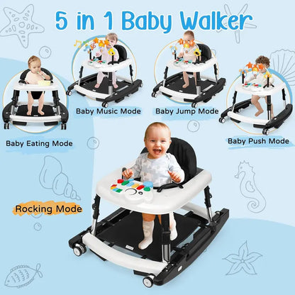 🎄Christmas Special Offer: Unisex Plastic 5-in-1 Activity Walker for 6-18 Months Infants - Safety Tested, Foldable, 3 Adjustable Heights, Bouncer + Rocker, Triangular Base, Music, Feeding Tray, Removable Footrest, Portable, Breathable Baby Items