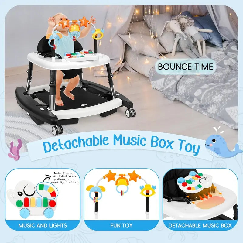 🎄Christmas Special Offer: Unisex Plastic 5-in-1 Activity Walker for 6-18 Months Infants - Safety Tested, Foldable, 3 Adjustable Heights, Bouncer + Rocker, Triangular Base, Music, Feeding Tray, Removable Footrest, Portable, Breathable Baby Items