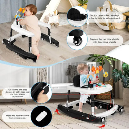 🎄Christmas Special Offer: Unisex Plastic 5-in-1 Activity Walker for 6-18 Months Infants - Safety Tested, Foldable, 3 Adjustable Heights, Bouncer + Rocker, Triangular Base, Music, Feeding Tray, Removable Footrest, Portable, Breathable Baby Items